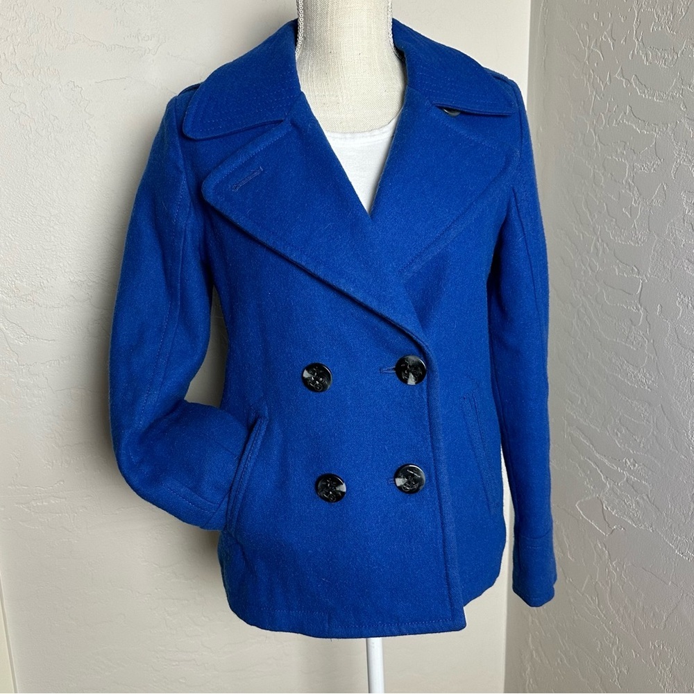 American Eagle Peacoat Womens Cobalt Blue‎ Wool Blend Big Notched Collar Size S
